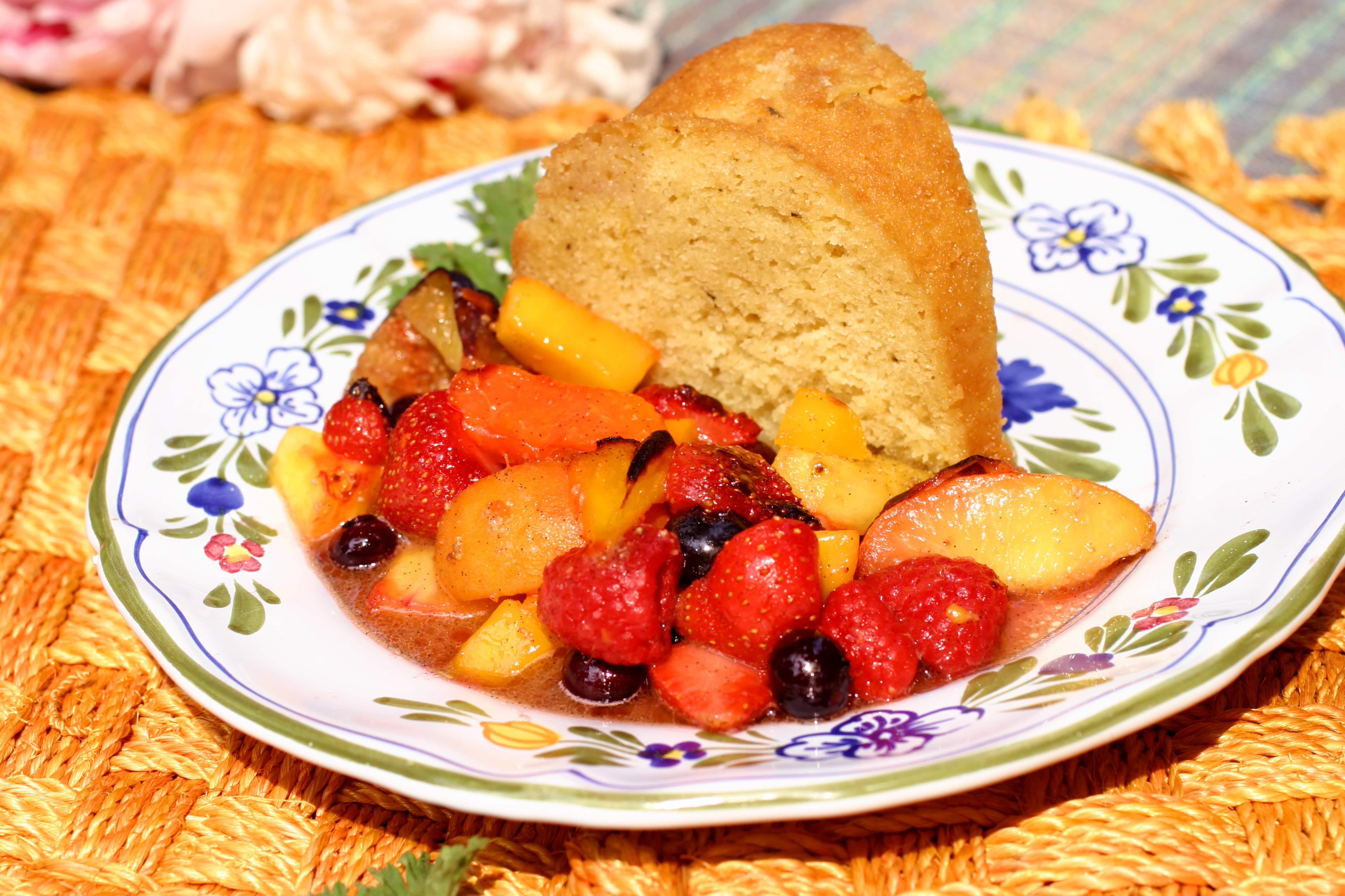 Rose Geranium Pound Cake and Broiled Summer Fruit with Honey Butter 